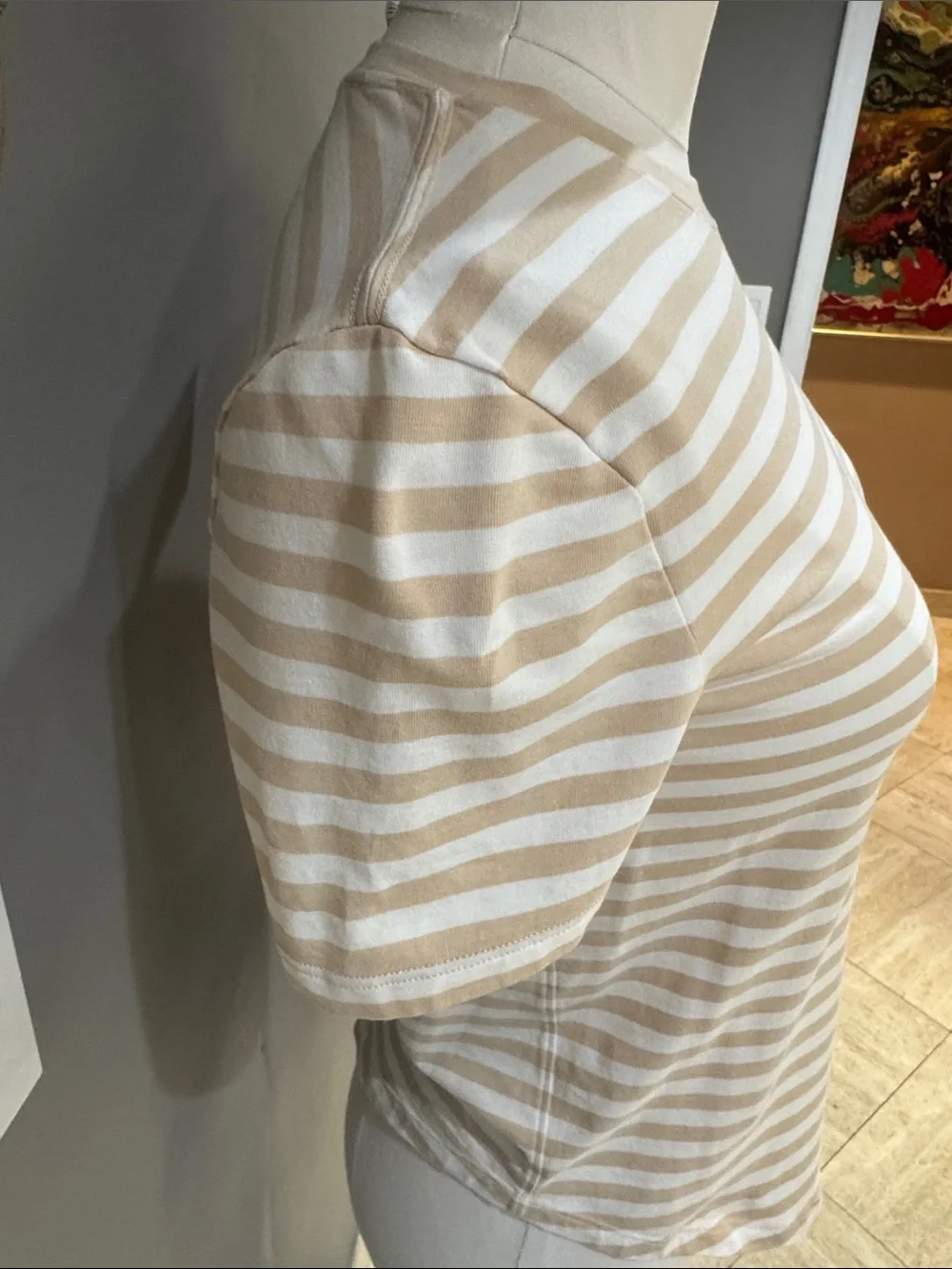 lululemon athletica Beige and White Striped Short Sleeve Crewneck Tee